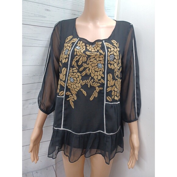 V Cristina Chiffon Tunic Top Sz S Black Gold Semi Sheer - Picture 1 of 5